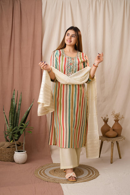 Amthi Women's Multicolored Striped Chanderi Silk Kurta Set