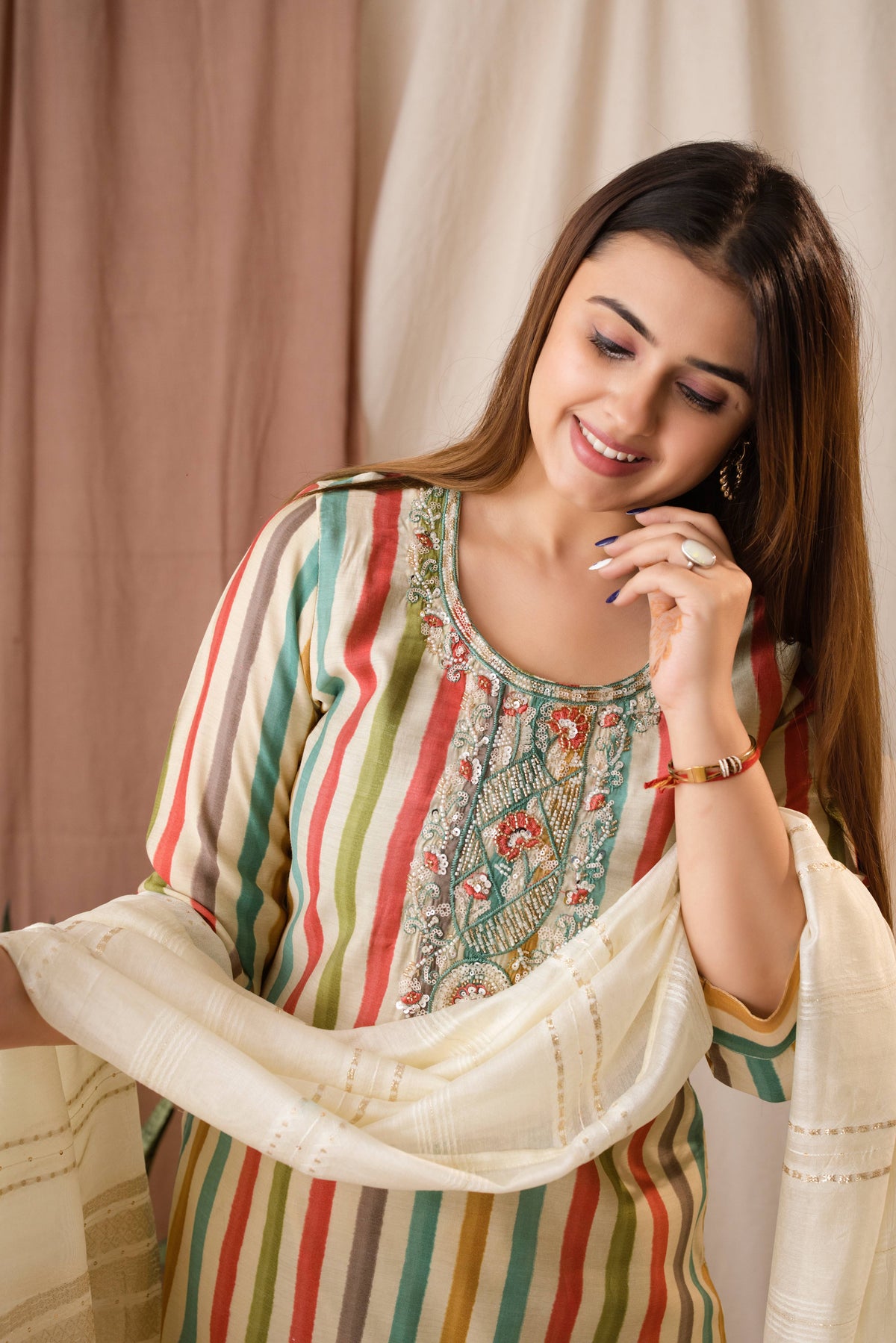 Amthi Women's Multicolored Striped Chanderi Silk Kurta Set