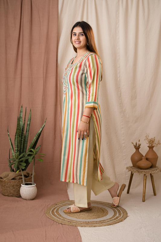 Amthi Women's Multicolored Striped Chanderi Silk Kurta Set