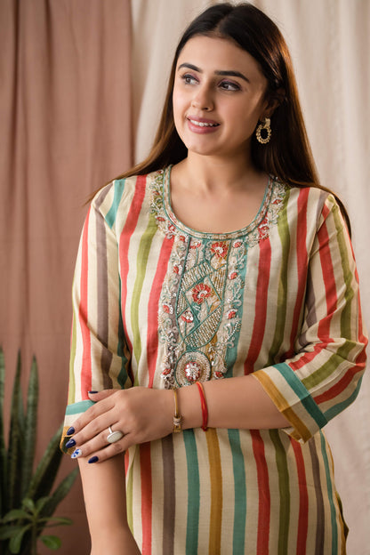 Amthi Women's Multicolored Striped Chanderi Silk Kurta Set