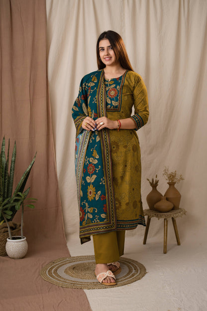 Amthi Women's Mustard Olive Kalamkari Printed Kurta Set
