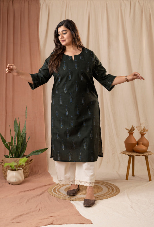 Amthi Women's Bottle Green Cotton Printed Straight Kurta