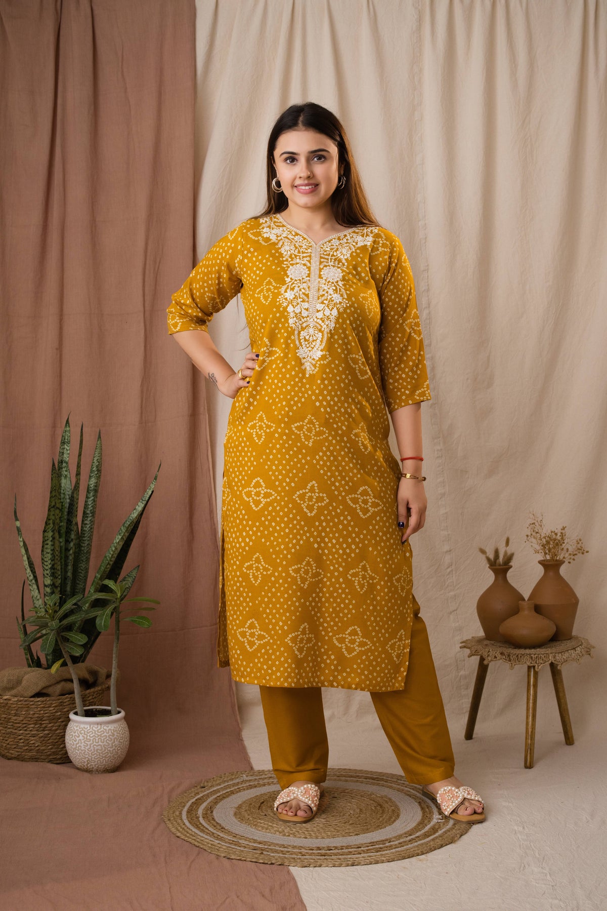 Amthi Women’s Mustard Bandhani Embroidered Linen Straight Kurta Set