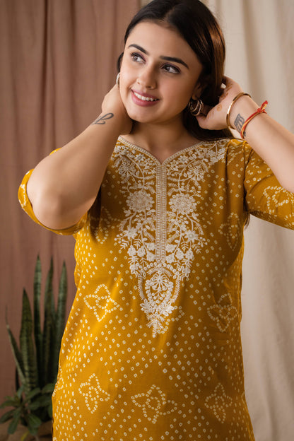 Amthi Women’s Mustard Bandhani Embroidered Linen Straight Kurta Set