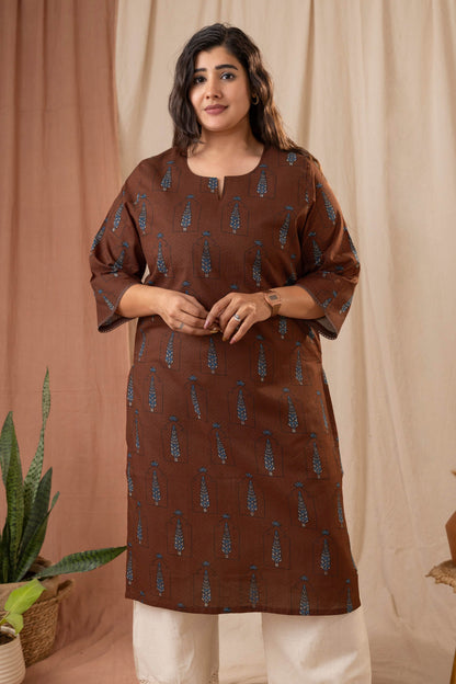Amthi Women's Maroon Cotton Printed Straight Kurta | Daily Wear Kurti