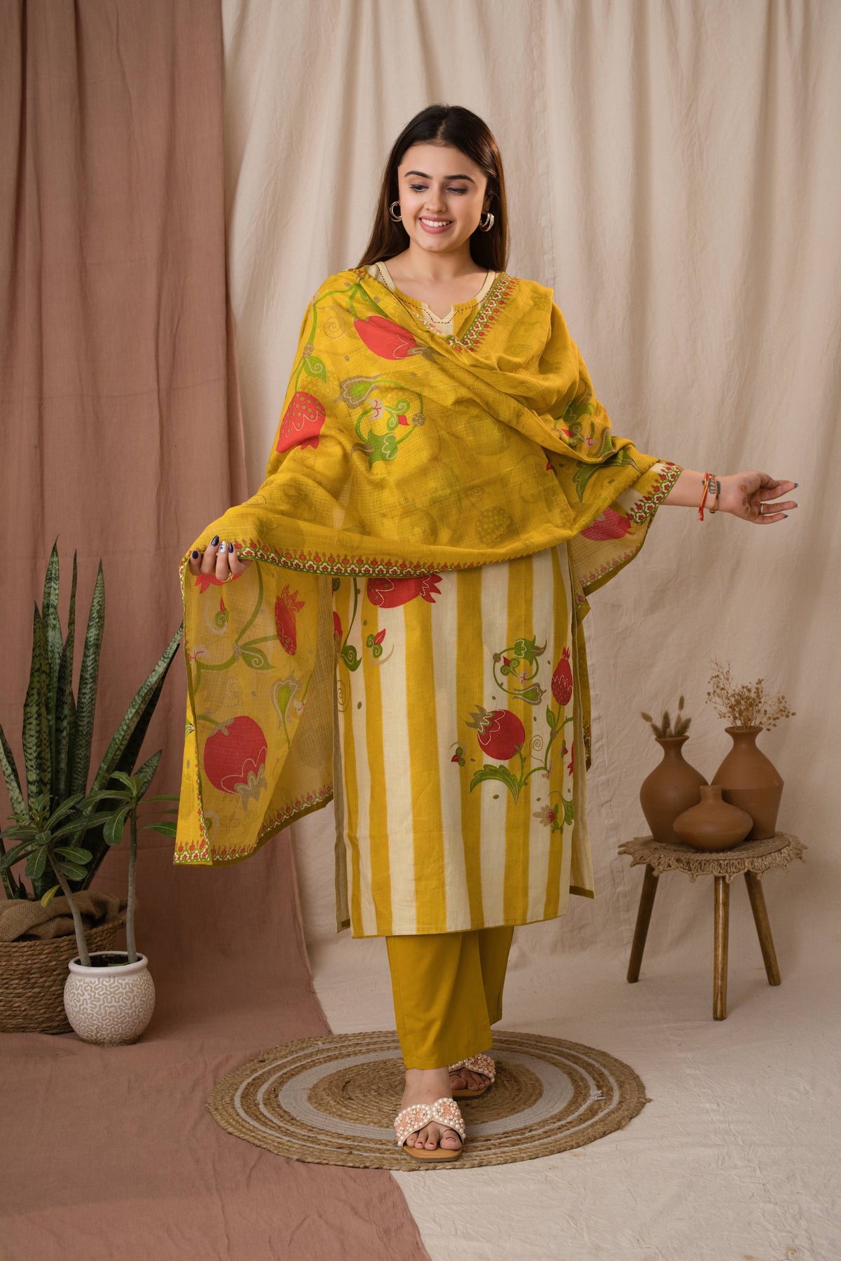 Amthi Women's Yellow Linen Striped Printed Kurta Set With Dupatta