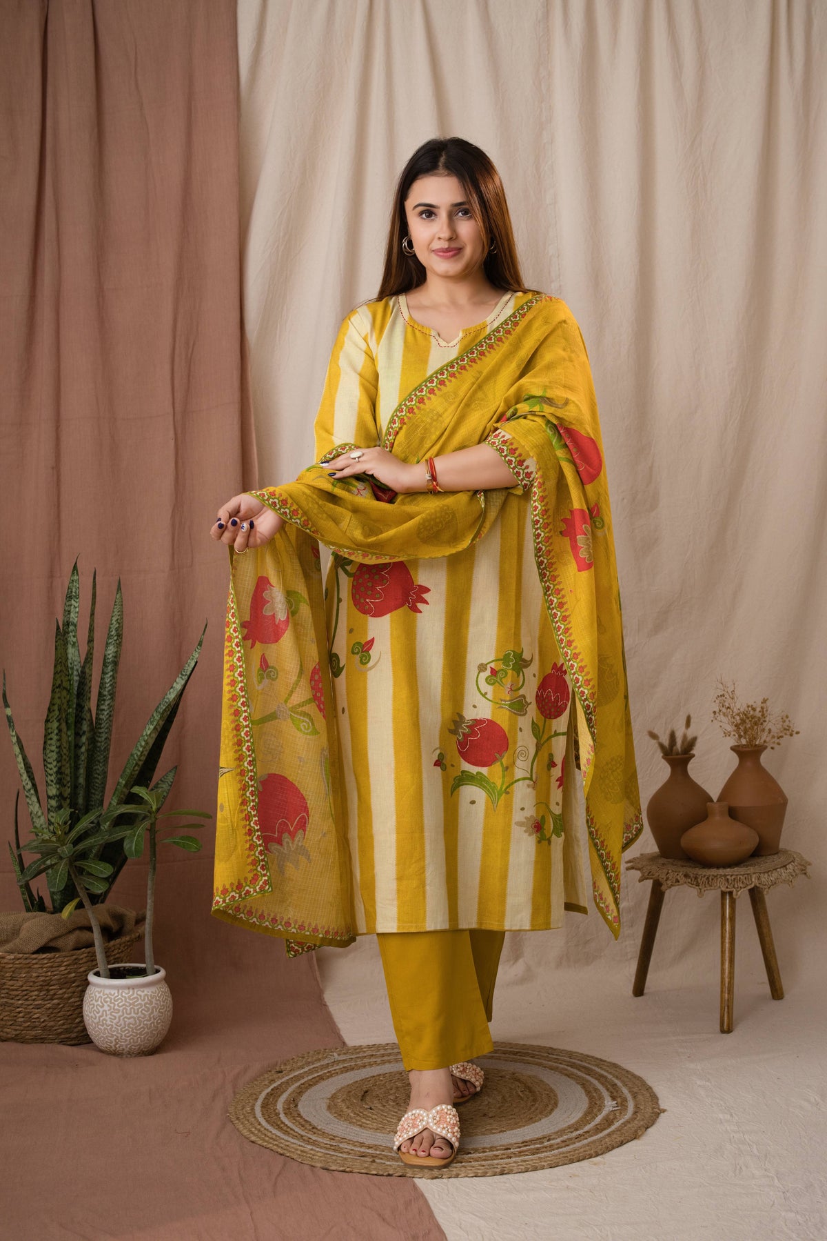 Amthi Women's Yellow Linen Striped Printed Kurta Set With Dupatta