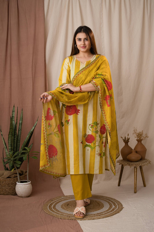 Amthi Women's Yellow Linen Striped Printed Kurta Set With Dupatta
