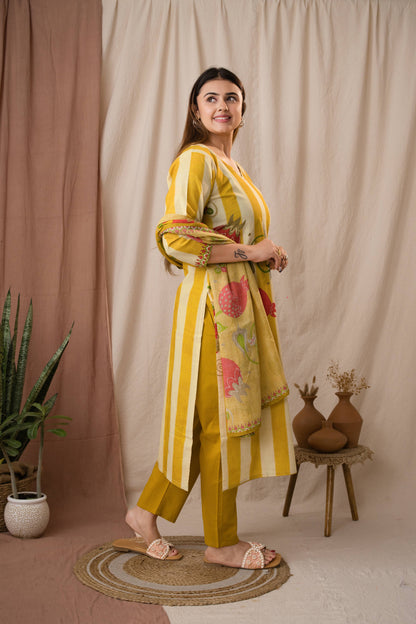 Amthi Women's Yellow Linen Striped Printed Kurta Set With Dupatta