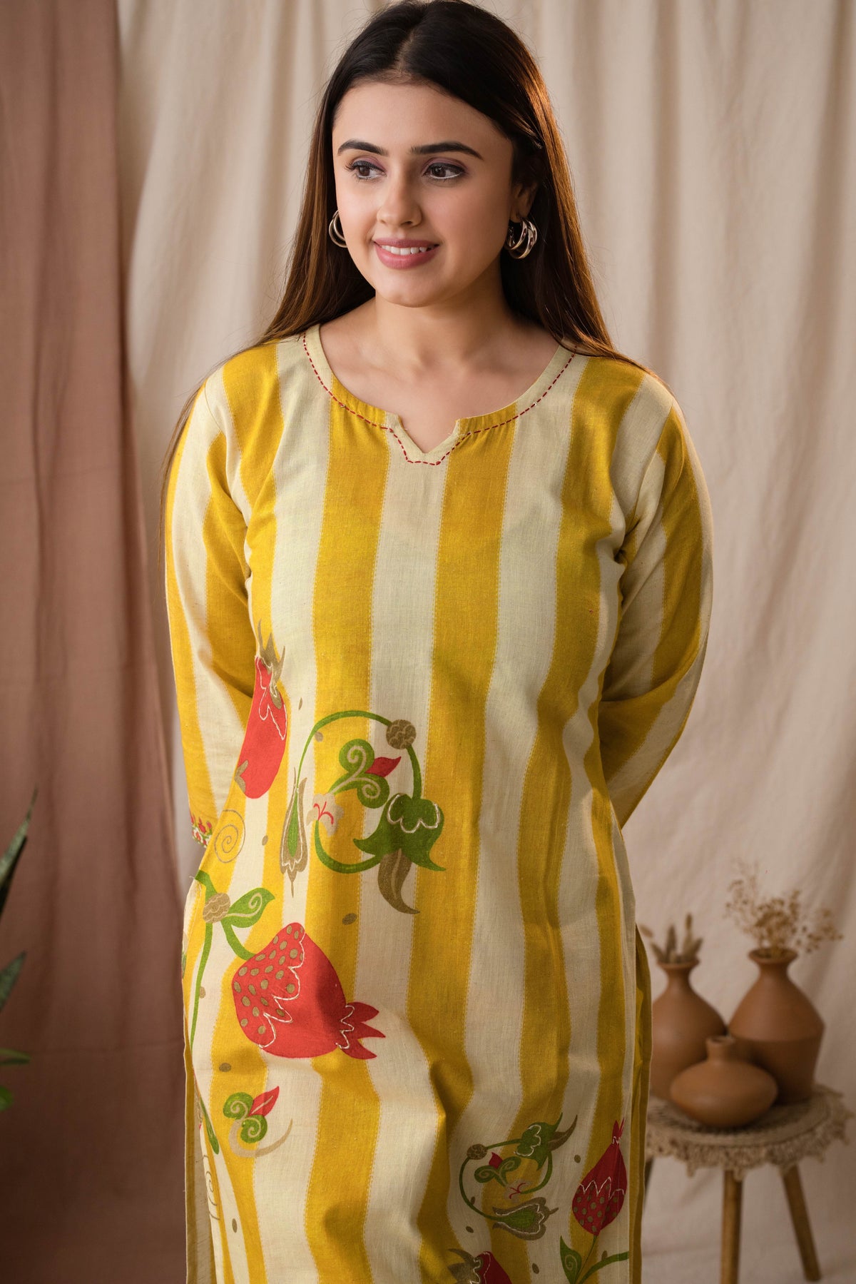 Amthi Women's Yellow Linen Striped Printed Kurta Set With Dupatta