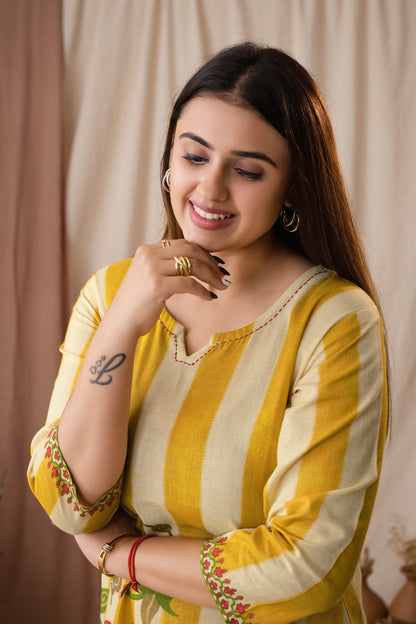 Amthi Women's Yellow Linen Striped Printed Kurta Set With Dupatta