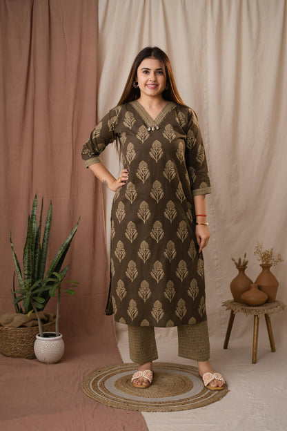 Amthi Women's Brown Linen Block Print Kurta Set