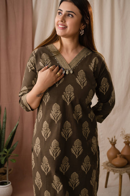 Amthi Women's Brown Linen Block Print Kurta Set