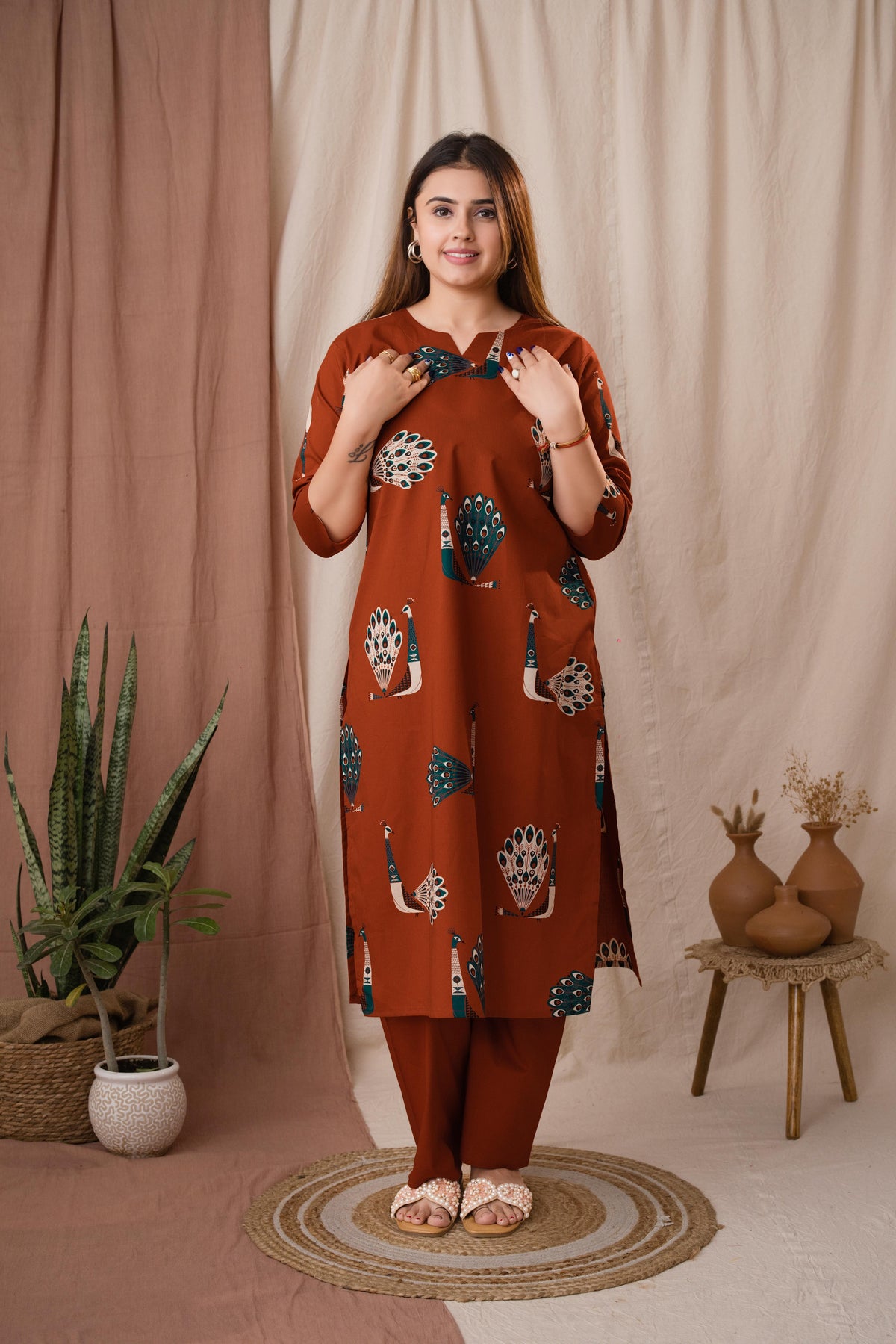 Amthi Women's Peacock Printed Rust Kurta Set With Dupatta