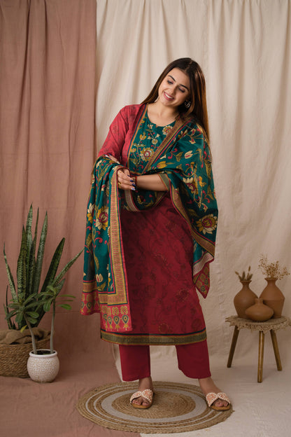 Amthi Women's Rust Kalamkari Printed Cotton Kurta Set