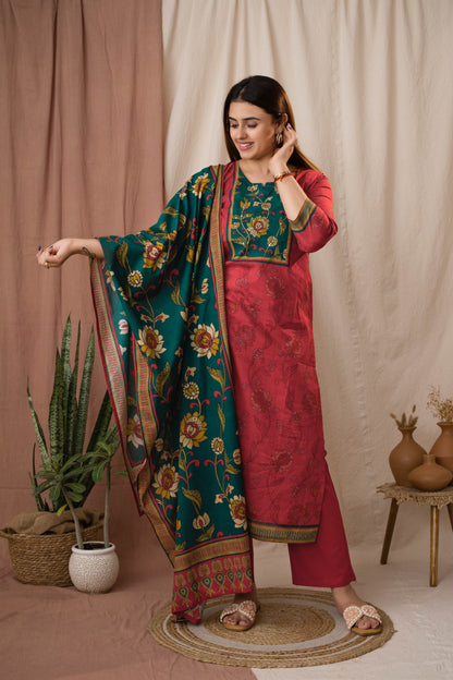 Amthi Women's Rust Kalamkari Printed Cotton Kurta Set