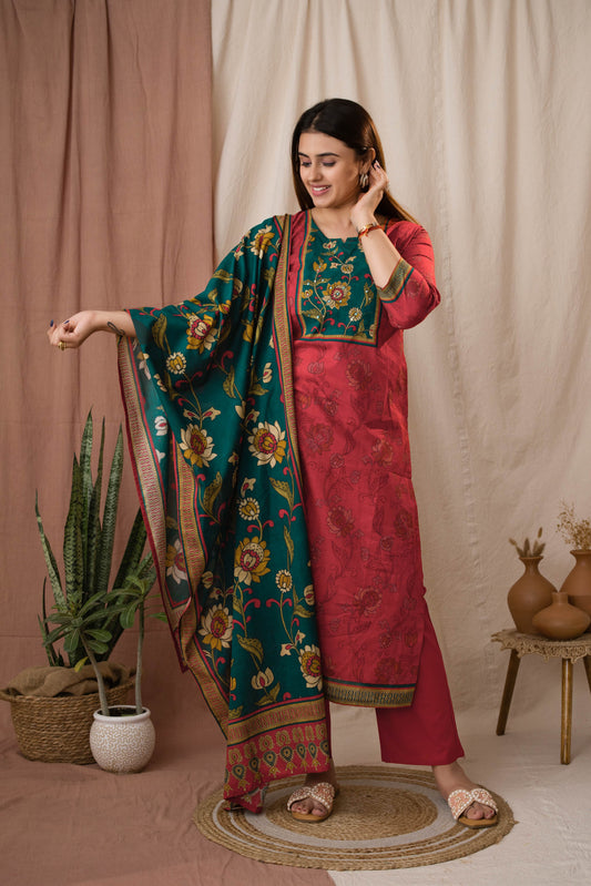 Amthi Women's Rust Kalamkari Printed Cotton Kurta Set