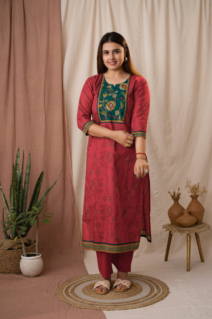 Amthi Women's Rust Kalamkari Printed Cotton Kurta Set