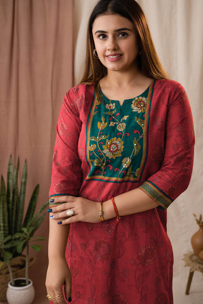 Amthi Women's Rust Kalamkari Printed Cotton Kurta Set