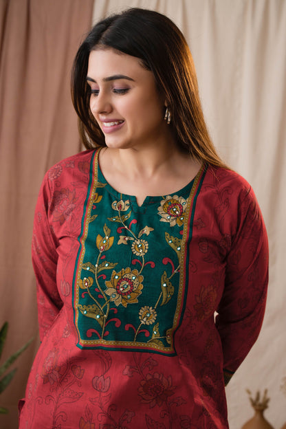 Amthi Women's Rust Kalamkari Printed Cotton Kurta Set