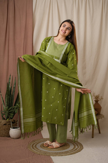 Amthi Olive Green Striped Linen Kurta Set For Women