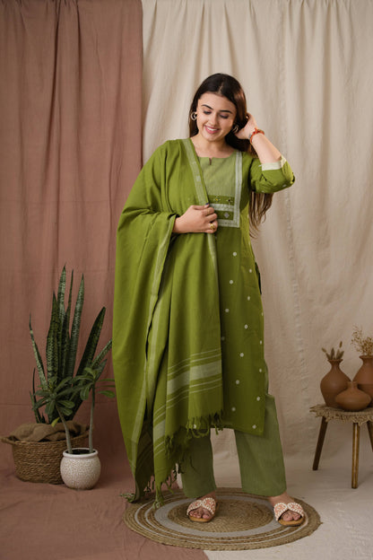 Amthi Olive Green Striped Linen Kurta Set For Women