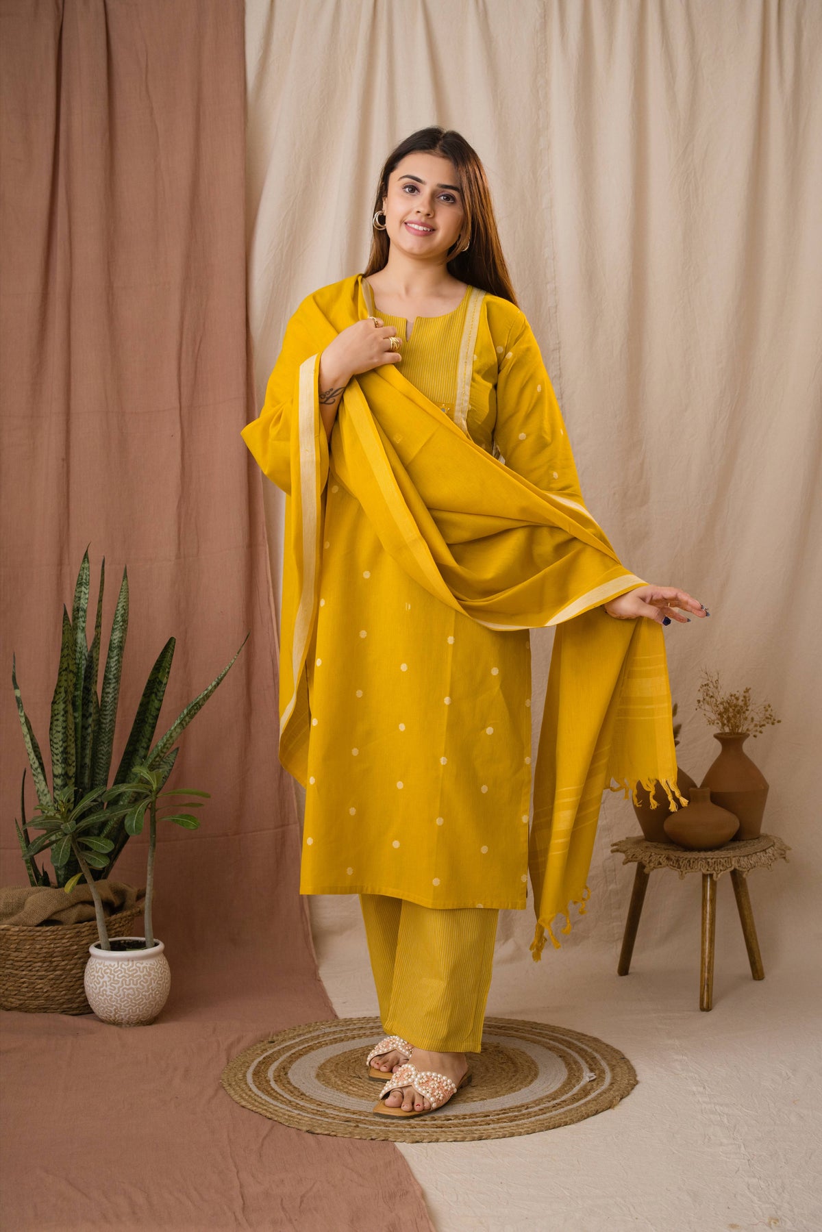 Amthi Women's Yellow Striped Yoke Linen Kurta Set With Dupatta