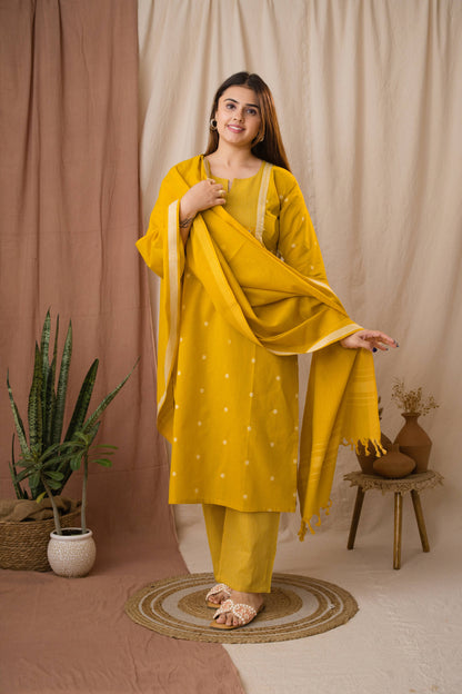 Amthi Women's Yellow Striped Yoke Linen Kurta Set With Dupatta