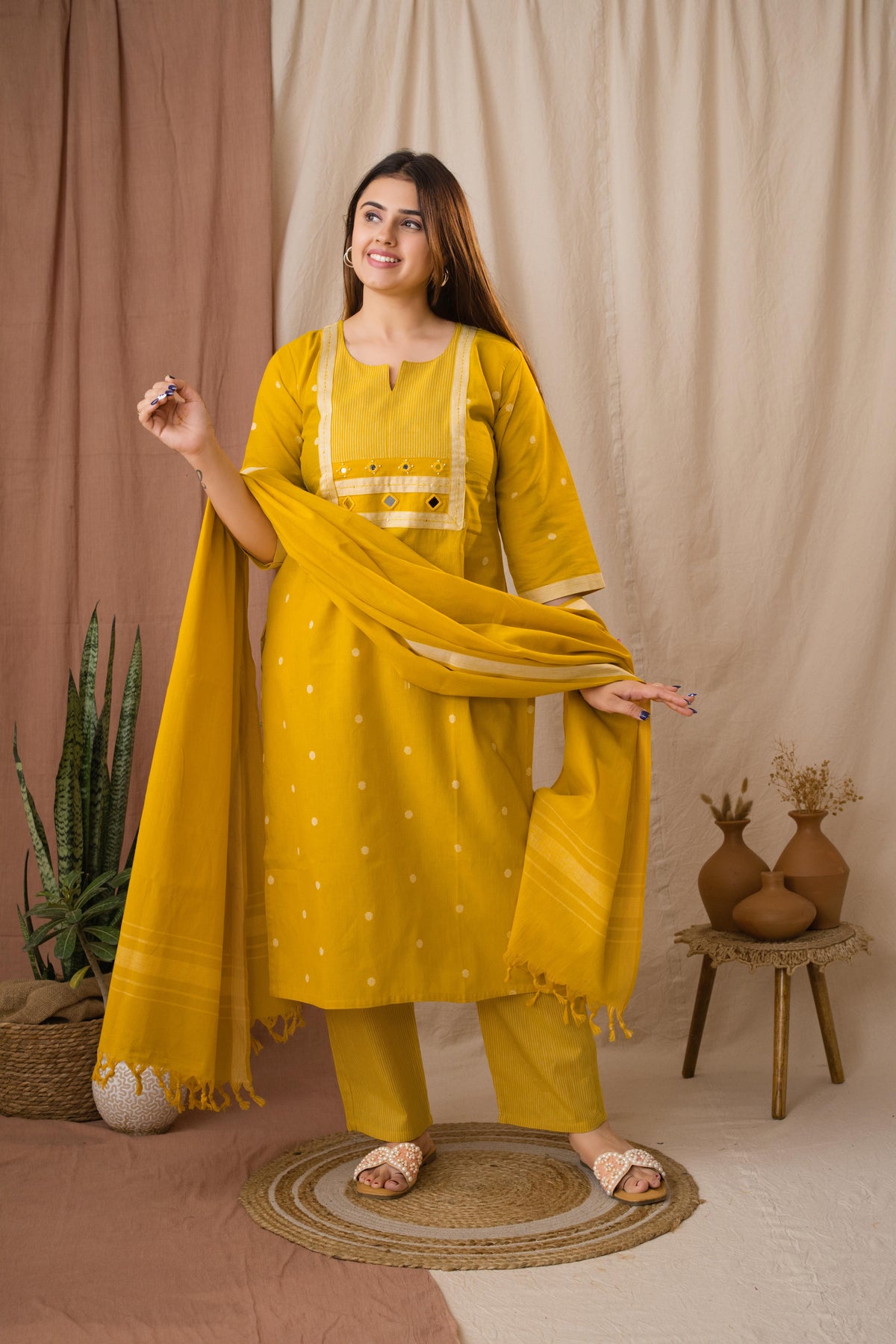Amthi Women's Yellow Striped Yoke Linen Kurta Set With Dupatta