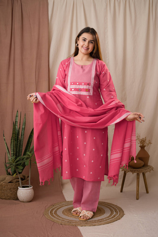 Amthi Women's Pink Striped Yoke Linen Kurta Set With Dupatta