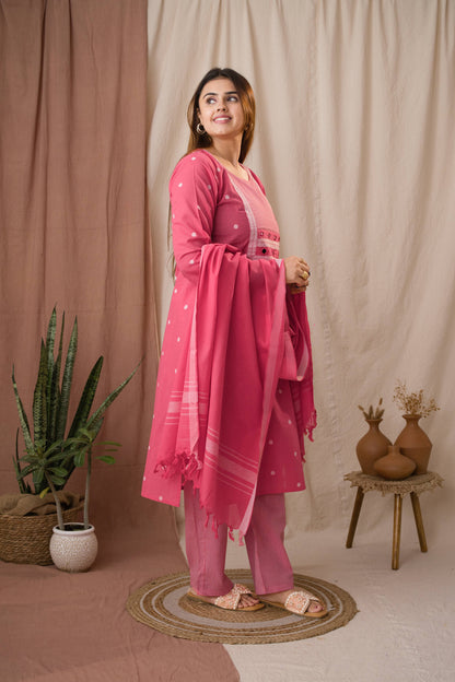 Amthi Women's Pink Striped Yoke Linen Kurta Set With Dupatta