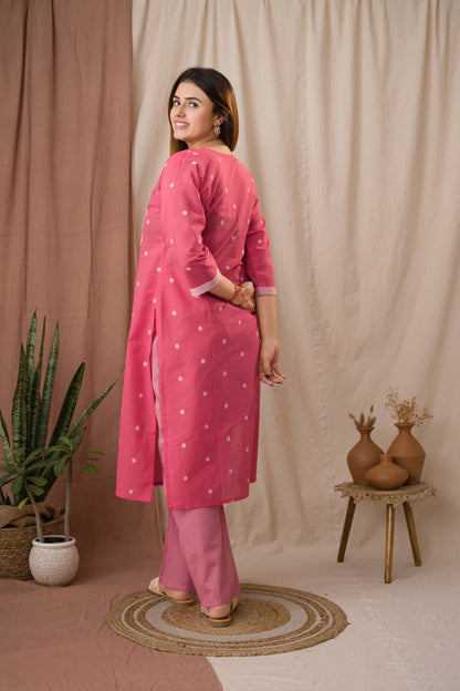 Amthi Women's Pink Striped Yoke Linen Kurta Set With Dupatta