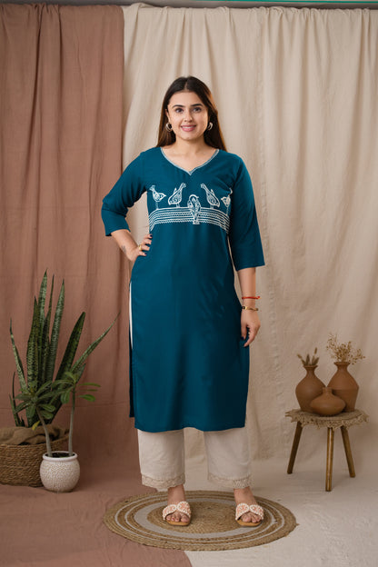 Amthi Women's Teal Rayon Embroidered Sparrow Straight Kurta