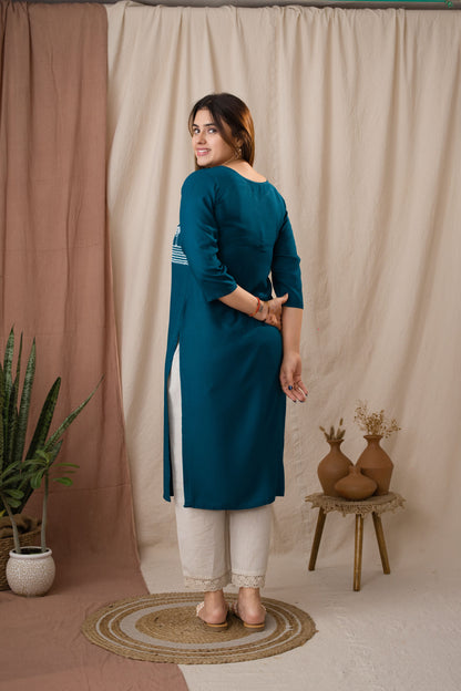 Amthi Women's Teal Rayon Embroidered Sparrow Straight Kurta