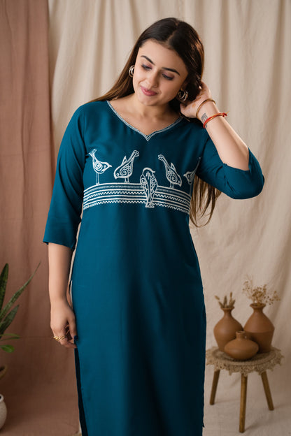 Amthi Women's Teal Rayon Embroidered Sparrow Straight Kurta