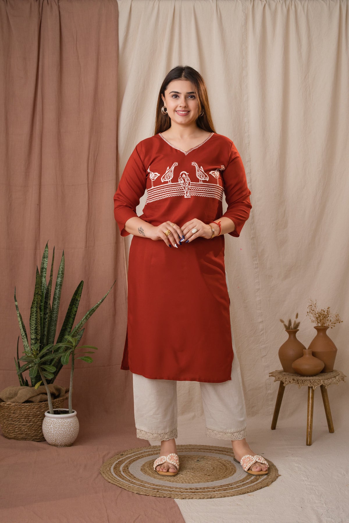 Amthi Women's Rust Rayon Embroidered Sparrow Straight Kurta | Daily Wear Kurti