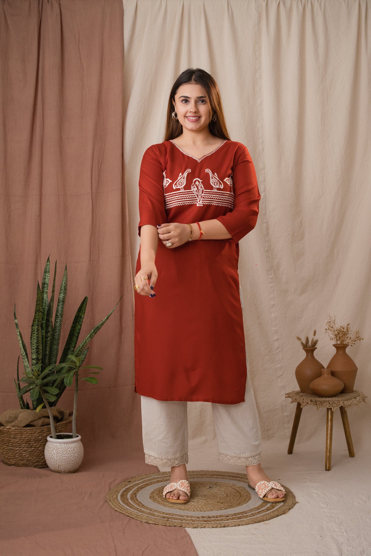 Amthi Women's Rust Rayon Embroidered Sparrow Straight Kurta | Daily Wear Kurti