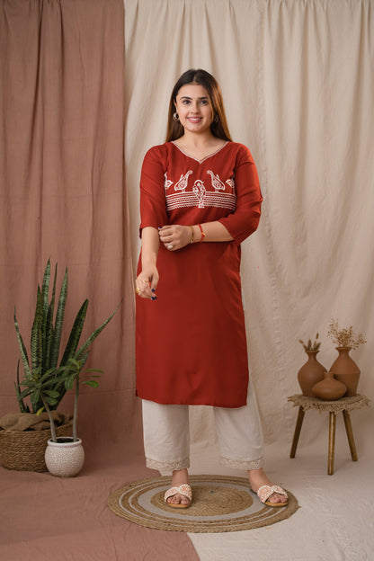 Amthi Women's Rust Rayon Embroidered Sparrow Straight Kurta | Daily Wear Kurti