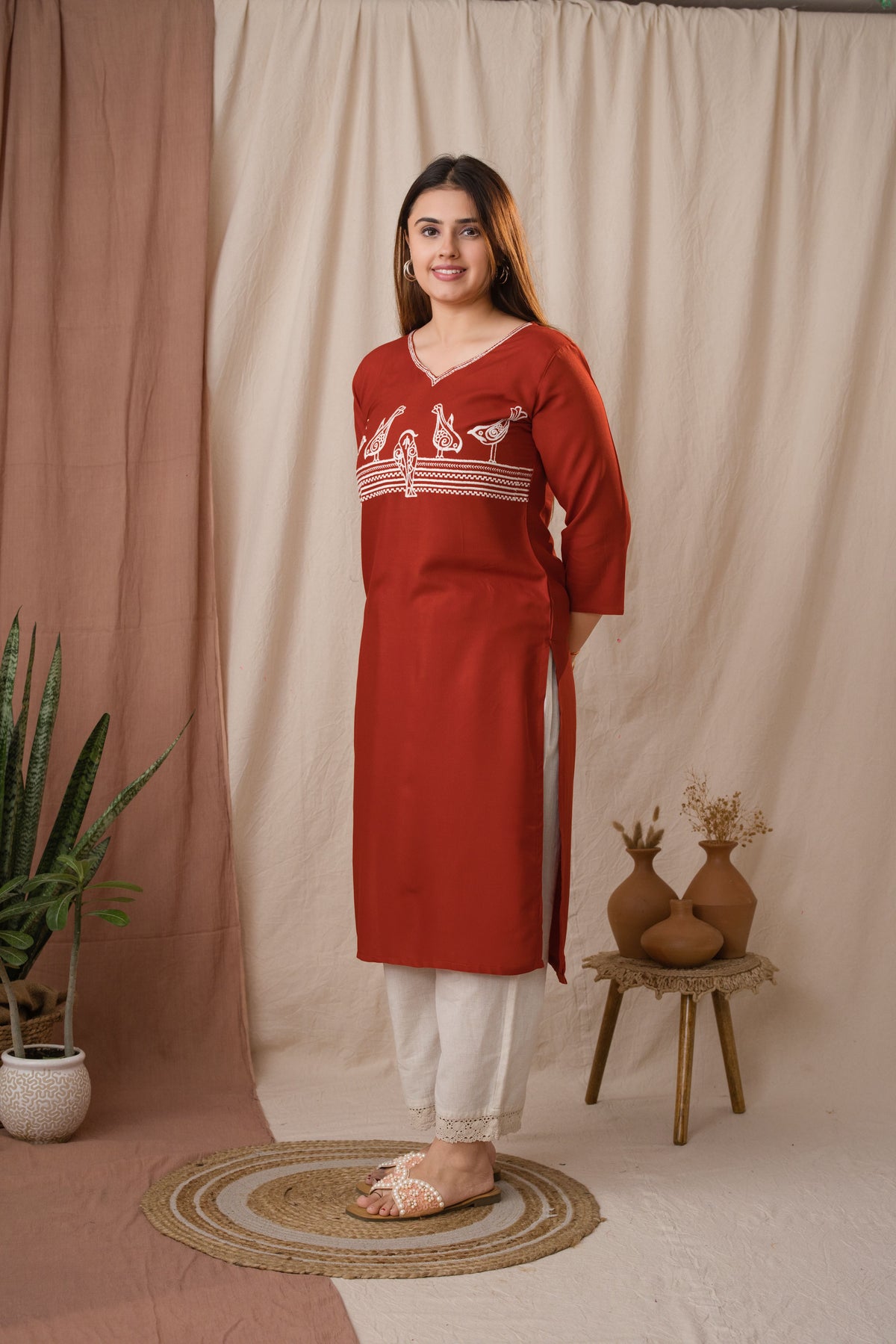 Amthi Women's Rust Rayon Embroidered Sparrow Straight Kurta | Daily Wear Kurti