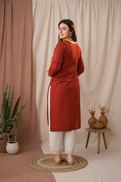 Amthi Women's Rust Rayon Embroidered Sparrow Straight Kurta | Daily Wear Kurti