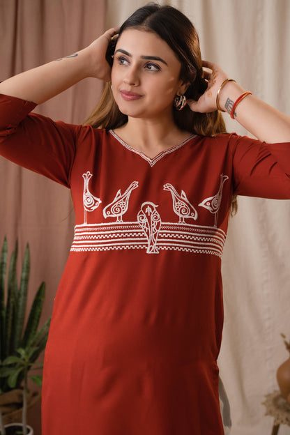 Amthi Women's Rust Rayon Embroidered Sparrow Straight Kurta | Daily Wear Kurti
