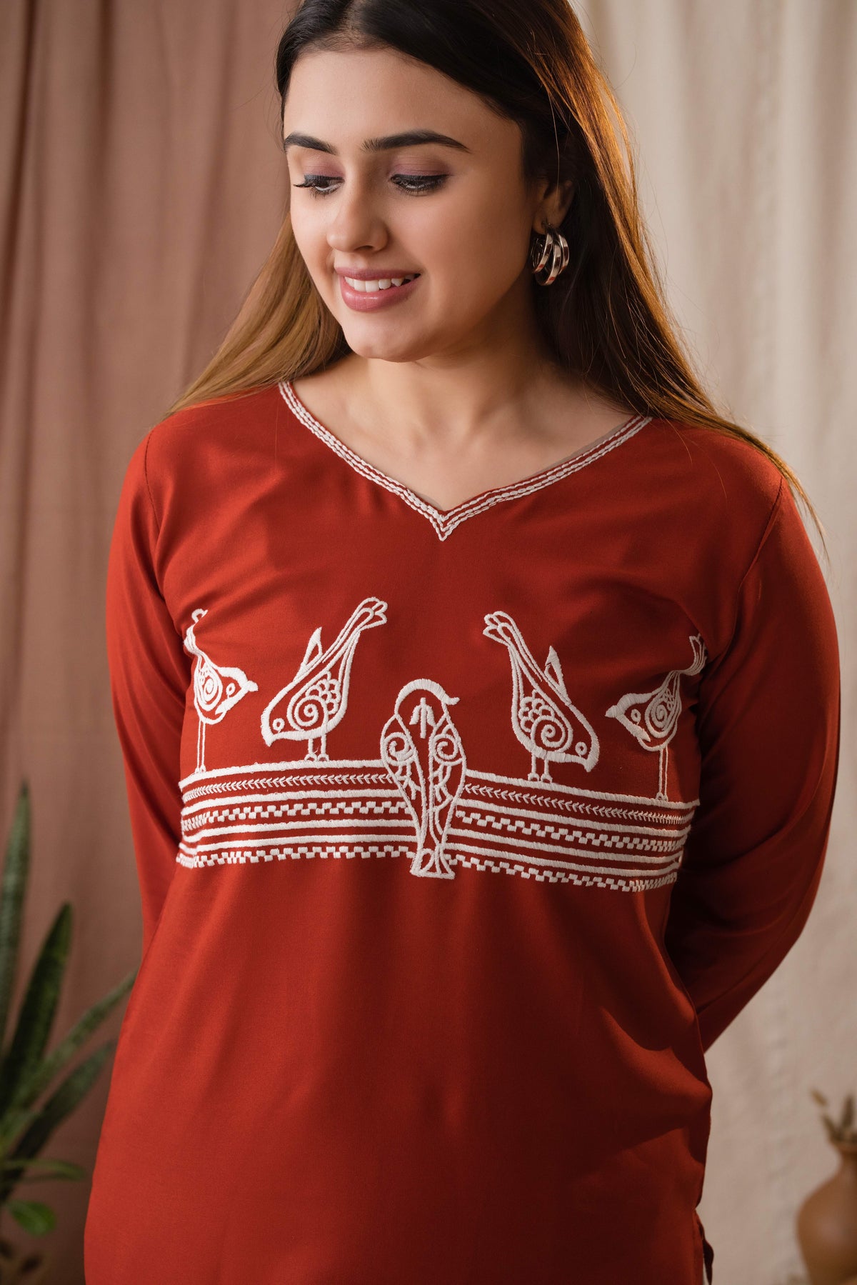 Amthi Women's Rust Rayon Embroidered Sparrow Straight Kurta | Daily Wear Kurti
