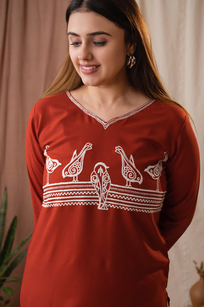 Amthi Women's Rust Rayon Embroidered Sparrow Straight Kurta | Daily Wear Kurti