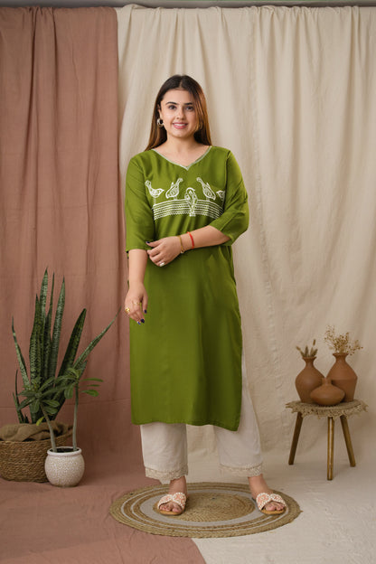 Amthi Olive Rayon Embroidered Sparrow Straight Kurta for Women| Daily Wear Kurti