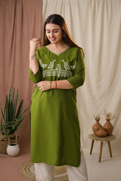 Amthi Olive Rayon Embroidered Sparrow Straight Kurta for Women| Daily Wear Kurti