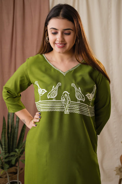Amthi Olive Rayon Embroidered Sparrow Straight Kurta for Women| Daily Wear Kurti