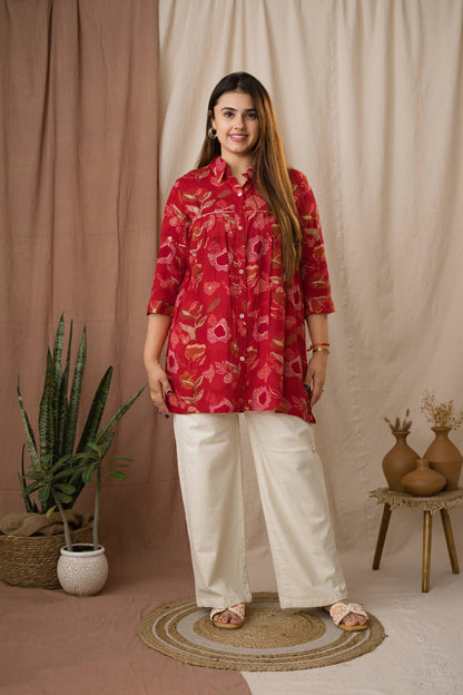Amthi Women's Red Foil Silk Bandhani Printed A-Line Tunic