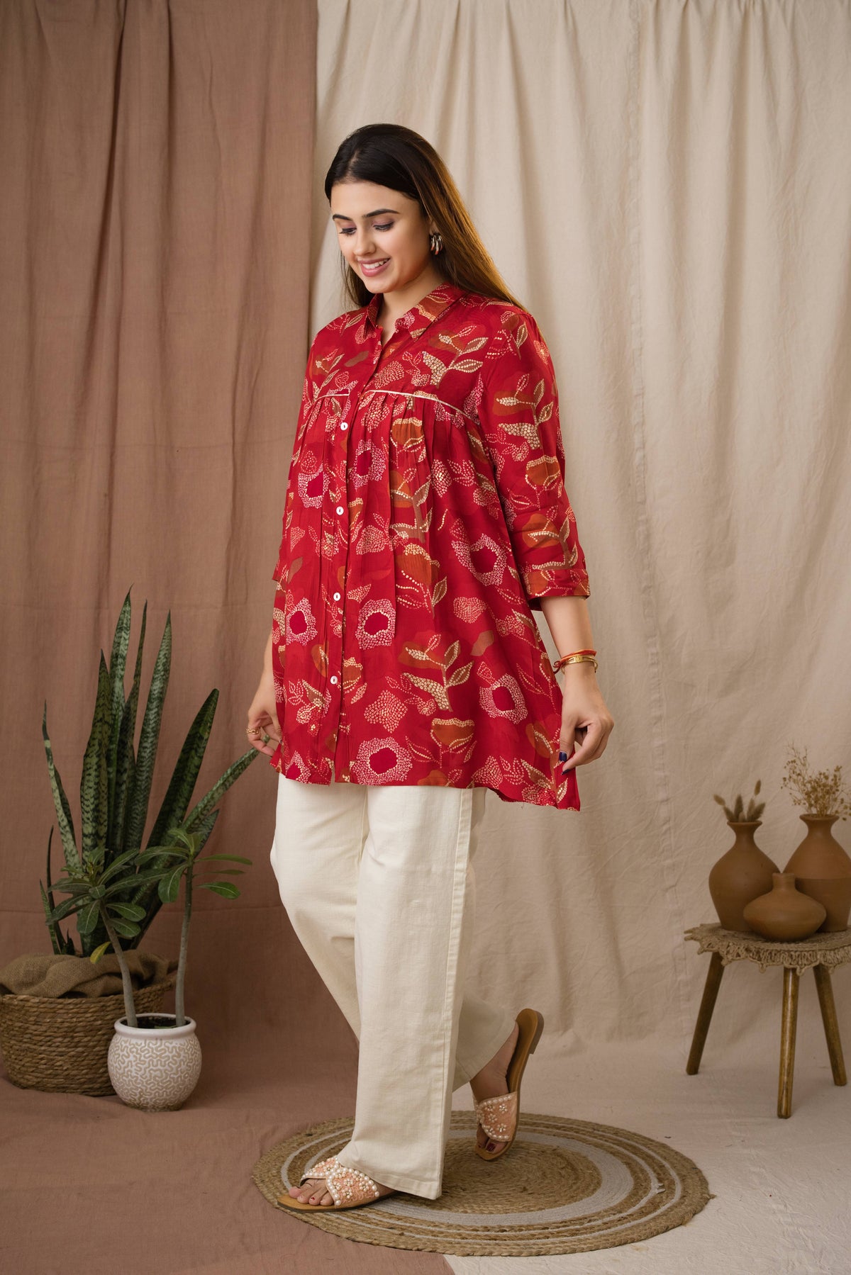 Amthi Women's Red Foil Silk Bandhani Printed A-Line Tunic