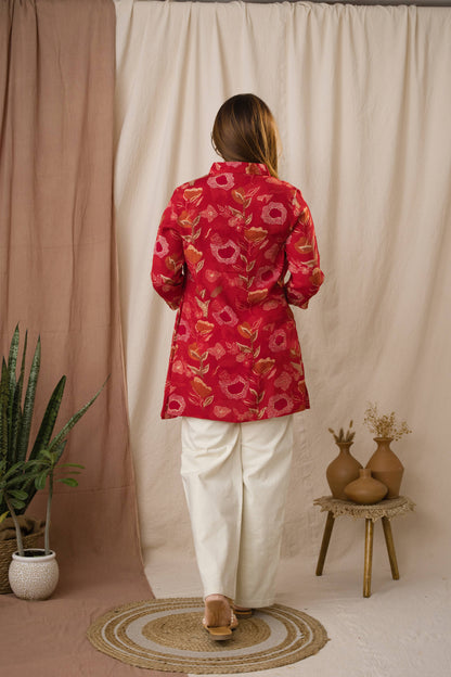 Amthi Women's Red Foil Silk Bandhani Printed A-Line Tunic