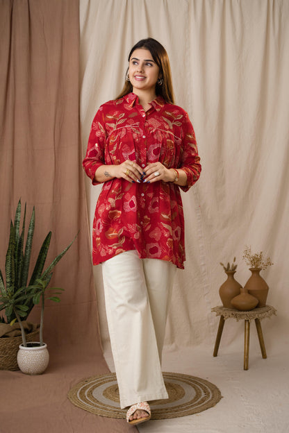 Amthi Women's Red Foil Silk Bandhani Printed A-Line Tunic